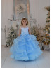 Beaded Sky Blue Lace Tulle Ruffled Flower Girl Dress